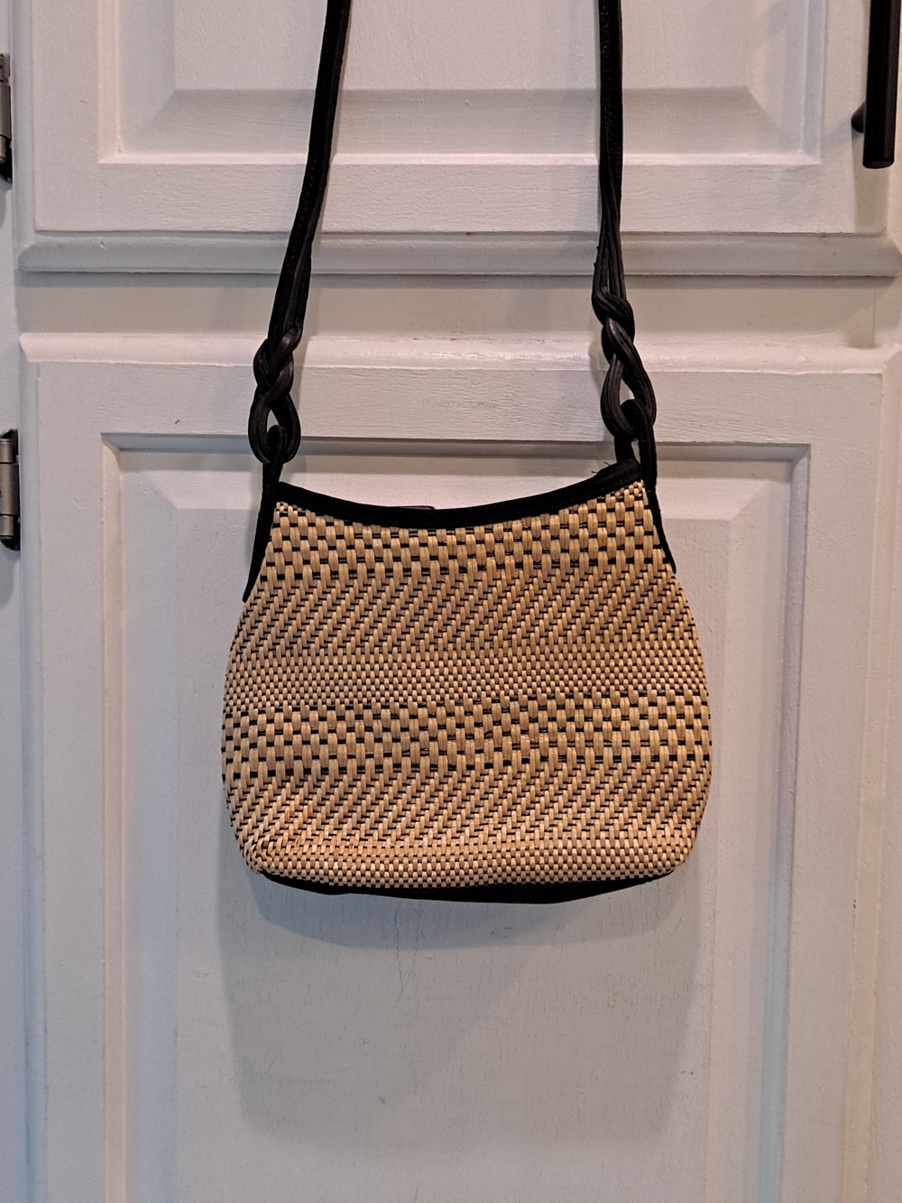 Marlo Vintage Woven Wicker Rattan Straw Crossbody Bag Black Trim Braided Strap